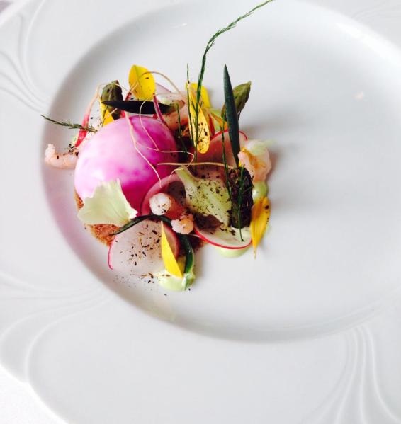 Rejer, æg, spæde grøntsager, ramsløg mayo og "jord". Anrettet af Denni Politowska