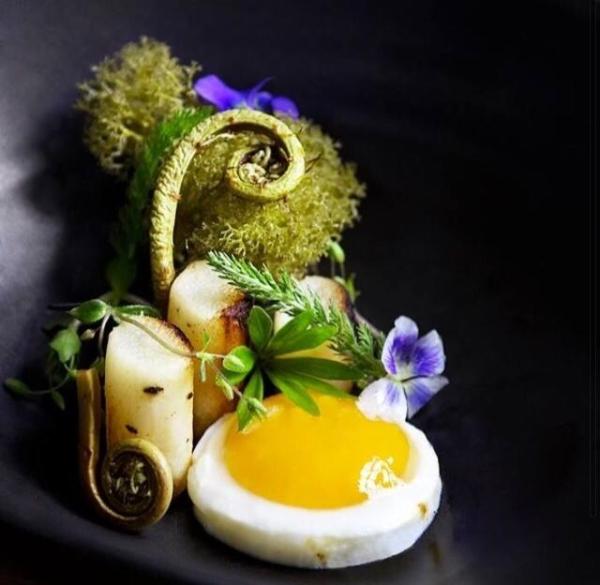 Syltet strudsbregne, kærnemælkspocheret skorzone, forårsblomster og spirer, sprød mos og økologisk æg. Brændenælde bouillon serveres ved bordet. Anrettet af Simon-Marcell Davidsen